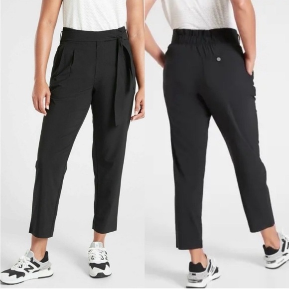 Athleta Skyline Pant ll Black High Rise Paper Bag Waist Attached Tie Belt Size 2 - Picture 1 of 9